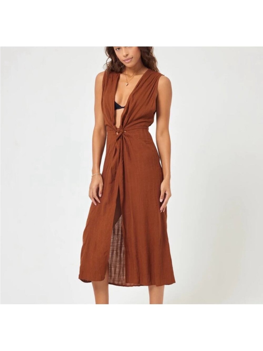 l*space Rust Brown Tie-Front Sleeveless Midi Dress
